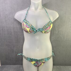 Cia Maritima Bikini L  Animal Print Paisley Multicolor Brazilian Side Tie Gold